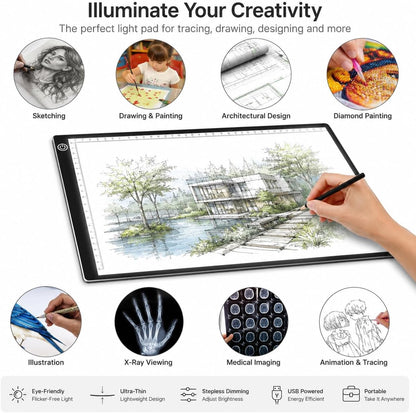 A3 LED Tracing Light Box丨Light Pad - Copy Board with Full-Edge Ruler Frame丨3 Adjustable LED, Premium Acrylic for Art, Drawing, Sketch, Animation, Design, Tattoo, Diamond Painting, X-ray Viewing
