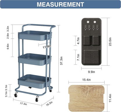 DTK 3 Tier Metal Utility Rolling Cart with Table Top and Side Bags, Tray Storage Organizer Wheels, Art Craft 4 Hooks for Kitchen Bathroom Office Living Room (Black)