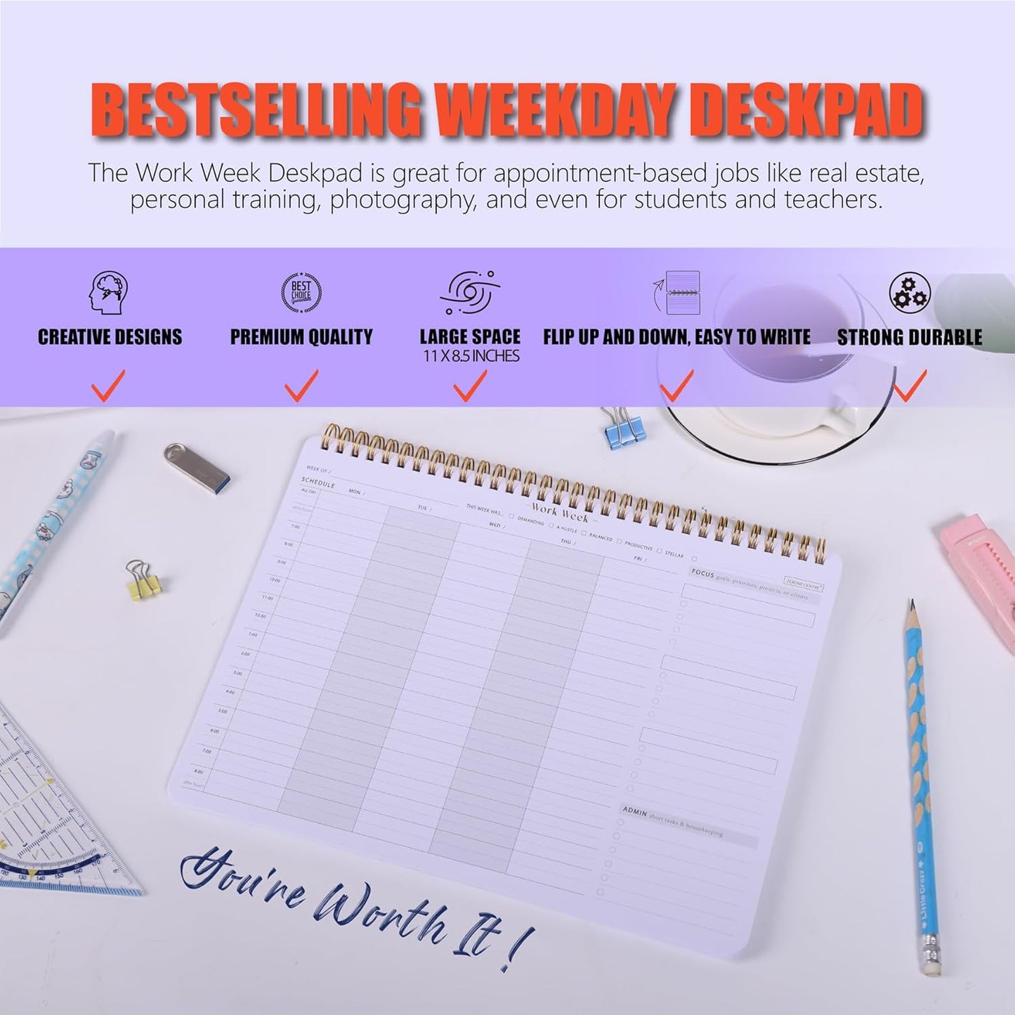 ZERONE CENTRE Productivity Weekly Planner - 54 Sheets Dashboard Spiral Deskpad Has 6 Focus Areas to List Tasks for Goals, Projects, Clients, Academic, or Shopping-Organize Your Daily Work Efficiently