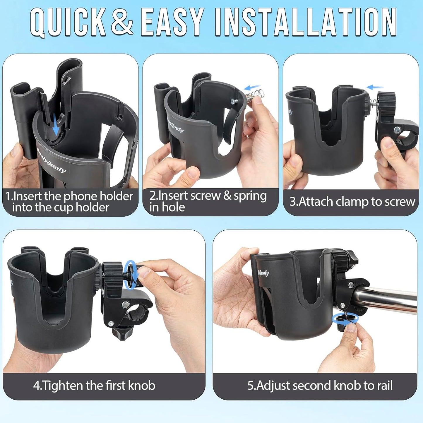QualyQualy Boat Rail Cup Holder 2 Pack, No-Drill Clamp-On Marine Cup Holders 360° Adjustable for Pontoon Boat, Bimini Top, Grab Bar, PWC, Jet Ski, Fits Round & Square Rails 15-40mm, Boat Gifts for Men