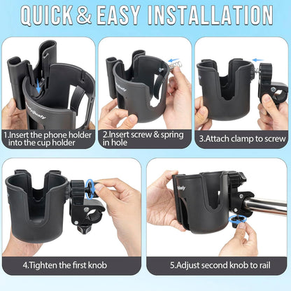 QualyQualy Boat Rail Cup Holder 2 Pack, No-Drill Clamp-On Marine Cup Holders 360° Adjustable for Pontoon Boat, Bimini Top, Grab Bar, PWC, Jet Ski, Fits Round & Square Rails 15-40mm, Boat Gifts for Men