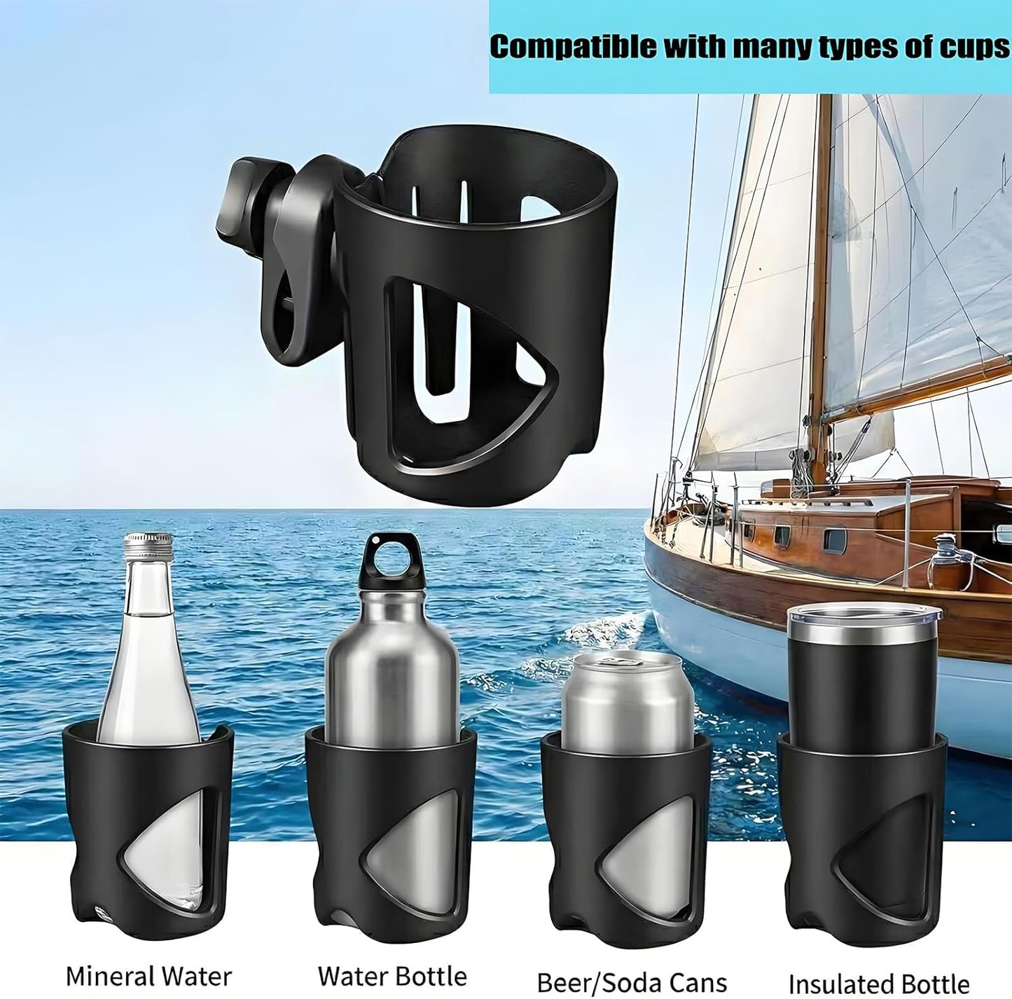 Marine Boat Rail Cup Holder, Clamp-on Mount Marine Universal Rotation Drinks Holder, No Drilling Install On Bimini Top Rail Or Pole, Grip Rail, Grab Bar, Yacht, Kayak, Bikes, Boat Gifts for Boat Lover