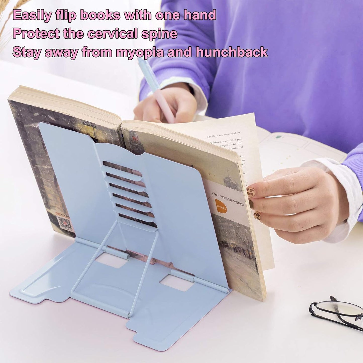 MSDADA Desk Book Stand Metal Reading Rest Book Holder Adjustable Cookbook Documents Holder Bookstands for Recipes Textbook Music Books, the First Day of School Gift for Students, Teachers (Light Blue)