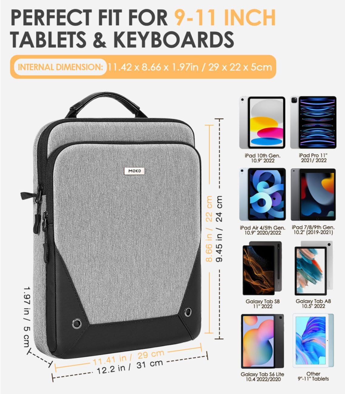 MoKo 9-11 Inch Tablet Sleeve Bag 360° Protetive Carrying Case Compatible with iPad 10th 10.9, iPad Air 5/4th 10.9, iPad 9/8th 10.2, iPad Pro 11, Tab S8/S9 11, with Handle and Shoulder Strap, Black