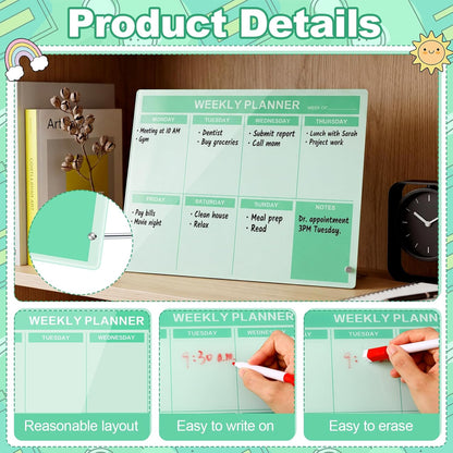 Desktop Acrylic Weekly Planner Board Acrylic Calendar Dry Erase Board with Stand to Do List Planner Boards with Daily Schedule and Markers for Family Home Office(Sage Green)