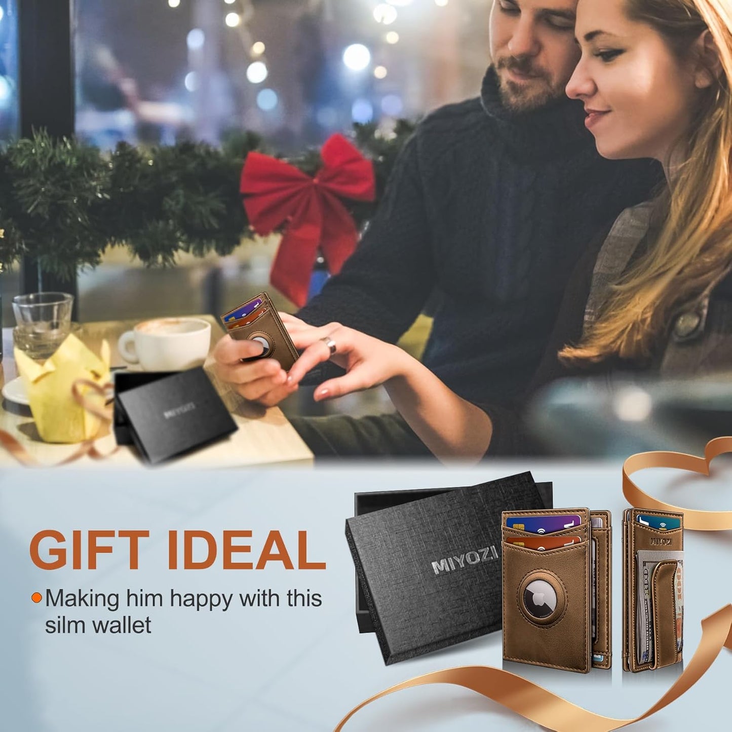 miyozi Airtag Wallet for Men- with Money Clip Gift Boxed, Magnetic Closure Slim Genuine Leather Front Pocket Wallet, 4.1"x 2.8", RFID Blocking