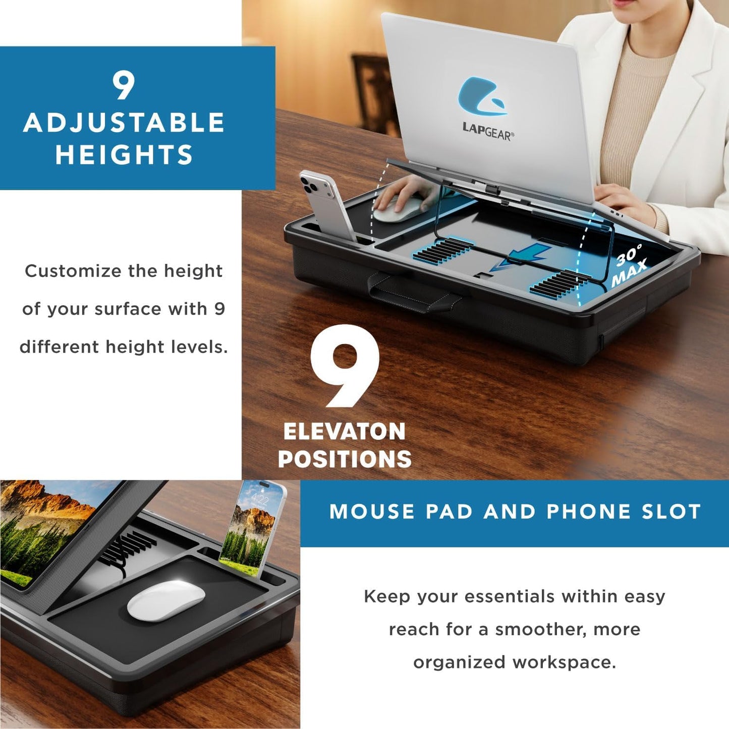 LAPGEAR Ergonomic Pro 2.0 Lap Desk with 9 Adjustable Heights, Built-in Mouse Pad & Phone Slot – Full Microbead Cushion, Storage Pocket – Fits Laptops up to 15.6" – Dusty Rose – Style No. 49504