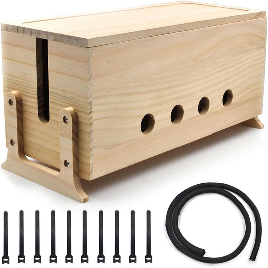 Large Cable Management Box, Wood Cord Hider Box & Organizer for Power Strip Hider Cable Storage for Office, TV Wires, Desk Cord Organizer, 14.1" x 6" x 6.3", Vintage Walnut