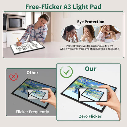 HIUKCOLED Wireless Battery Powered A3 Light Pad, 3 Colors Stepless Dimmable and 6 Levels Brightness Light Board, Rechargeable LED Light Tracing Box for Diamond Painting,Cricut Weeding Vinyl Tools
