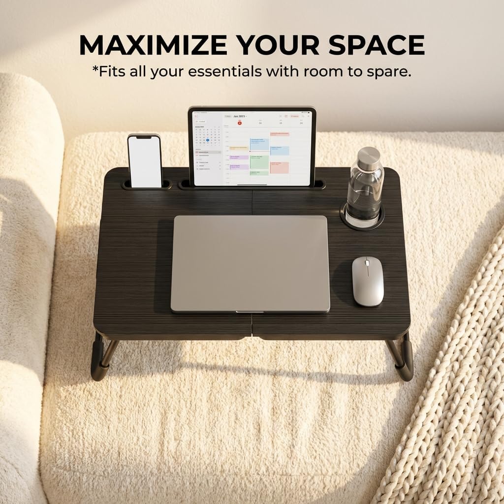 BUYIFY Foldable Laptop Bed Desk for Couch, Sofa - Large Lap Desk Tray Table with Cup Holder and Tablet Slot - Portable Notebook Stand for Eating, Writing, Studying and WFH -NEW-006-USA Original Patent