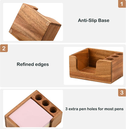 Acacia Wood Sticky Note Holder, 3x3 Post It Note Dispenser with Anti-Slip Pads, Natural Wooden Memo Organizer for Office Home School (3.5“x3.5"x2")