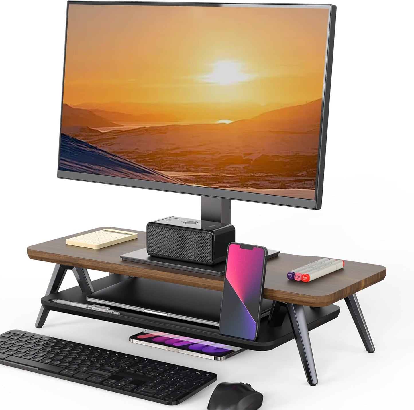 Fenge Dual Monitor Stand, Monitor Stands Riser for 2 monitors, 42.5 Inch Wood Desk Shelf with Storage Organizer and Cable Management for Office Desk Accessories