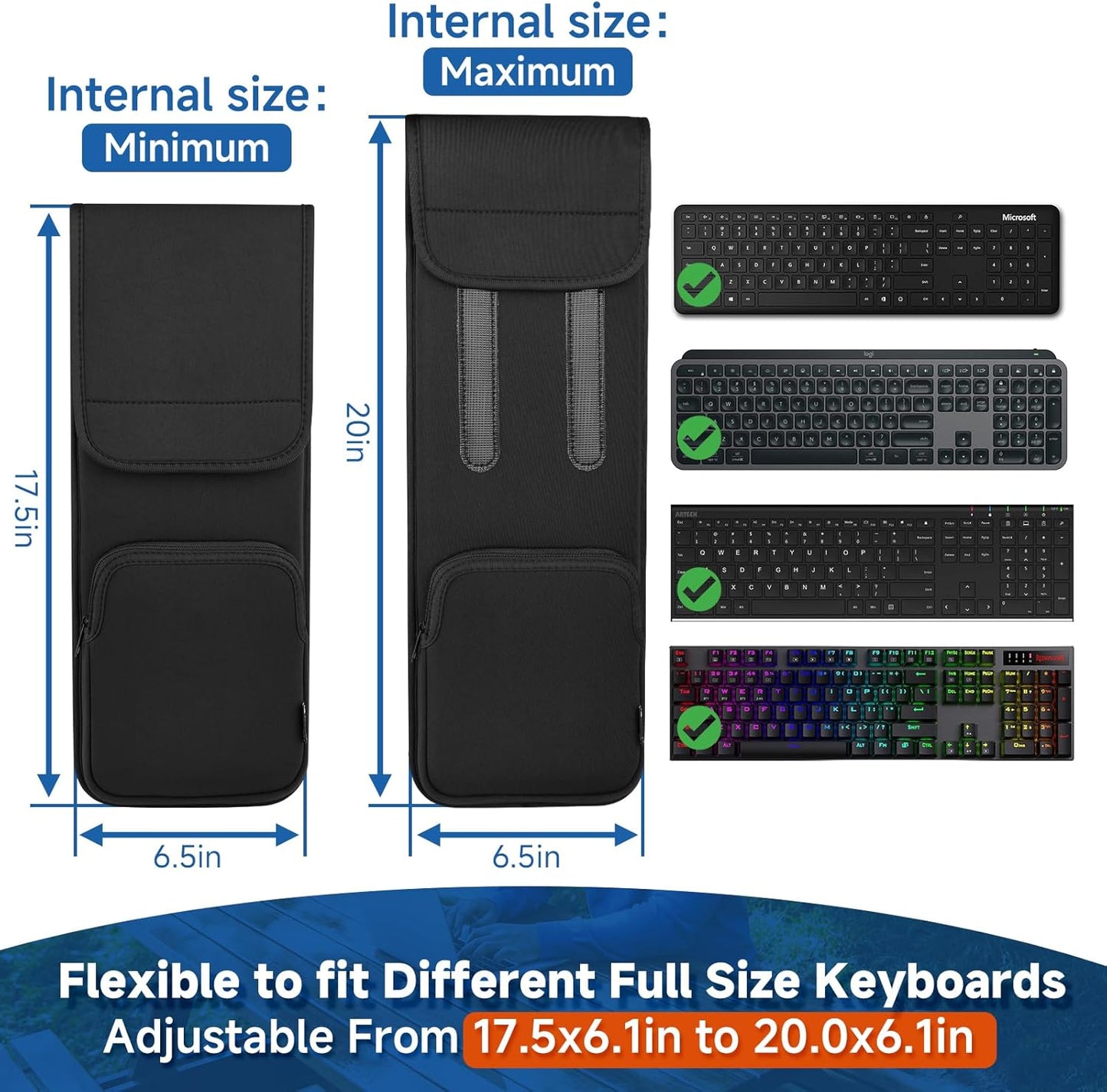 Keyboard Sleeve Travel Case for Wireless Bluetooth Full Size Keyboards (up to 20 Inches), 6.1" x 17.5" up to 6.1" x 20" Neoprene Protective Keyboard Case with Mouse Storage Pocket (Black)