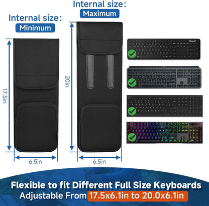 Keyboard Sleeve Travel Case for Wireless Bluetooth Full Size Keyboards (up to 20 Inches), 6.1" x 17.5" up to 6.1" x 20" Neoprene Protective Keyboard Case with Mouse Storage Pocket (Black)