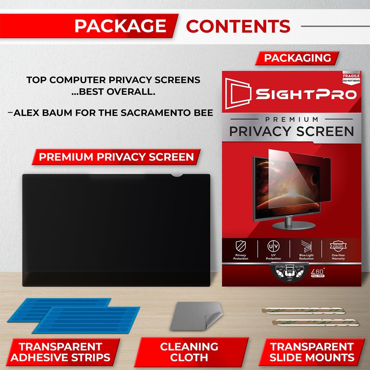SightPro 24 Inch 16:9 Computer Privacy Screen Filter for Monitor - Privacy Shield and Anti-Glare Protector