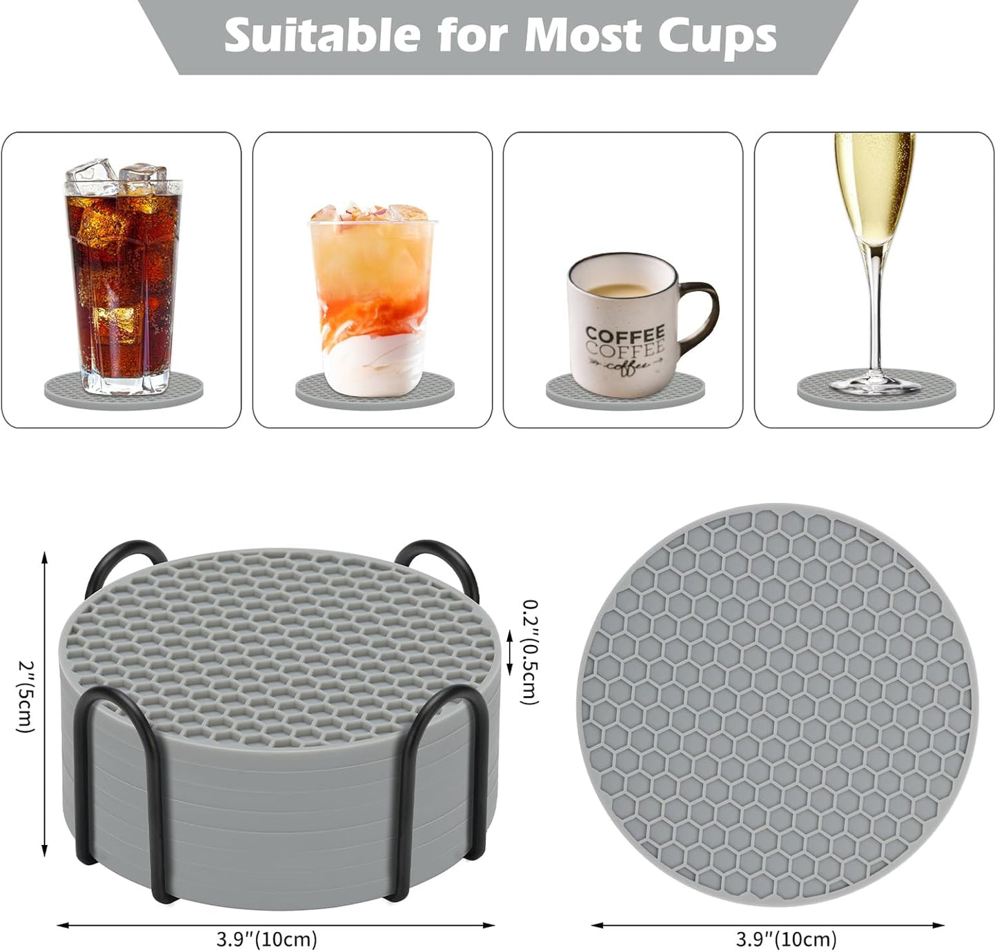 TWTLi Silicone Coasters Set of 8 with Holder,Coasters for Drinks,Beer,Coffee Coasters,Suitable for Kinds Cups,Hot or Cold,Anti-SLI,Non-Stick,Anti-Overflow Tabletop Protection and Decor (8 Pcs, Black)