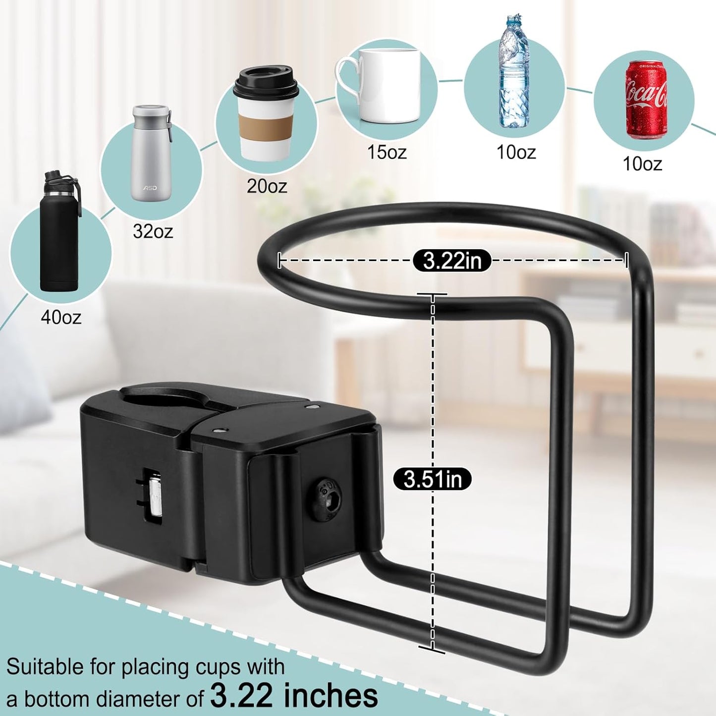 Clamp-On Cup Holder for Vertical Round Poles - Fits Most Round-Rod Stands, Grill Racks, Wheelchairs & Railings - Holds Coffee, Beer, Water & Drink Cups