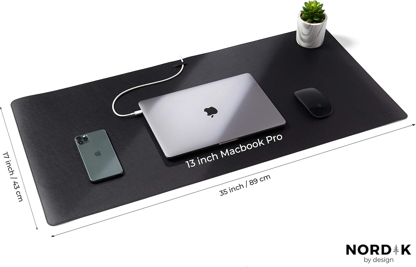 Nordik Leather Desk Mat Cable Organizer - Pebble Black 35 X 17 inch - Premium Mouse Mat - Felt Vegan Leather Desk Pad Protector - Desk Blotter Matt Keyboard - Large Desk Matt for Desktop Computer