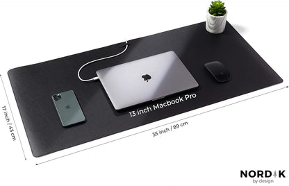 Nordik Leather Desk Mat Cable Organizer - Pebble Black 35 X 17 inch - Premium Mouse Mat - Felt Vegan Leather Desk Pad Protector - Desk Blotter Matt Keyboard - Large Desk Matt for Desktop Computer