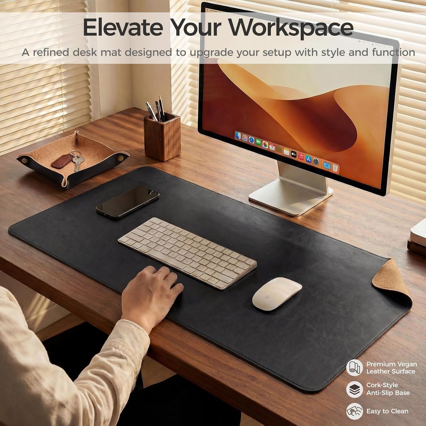 Premium Faux Leather Desk Mat & Tray Set，Innovative Cork-Look Printed Base，Gift Tube Packaging，Full-Desk Coverage，Non-Slip Desk Pad for Office Home（Olive Green）