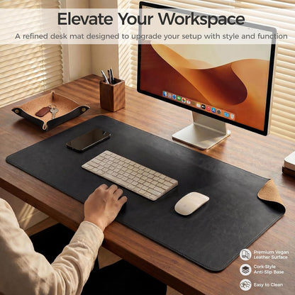 Premium Faux Leather Desk Mat & Tray Set，Innovative Cork-Look Printed Base，Gift Tube Packaging，Full-Desk Coverage，Non-Slip Desk Pad for Office Home（Olive Green）