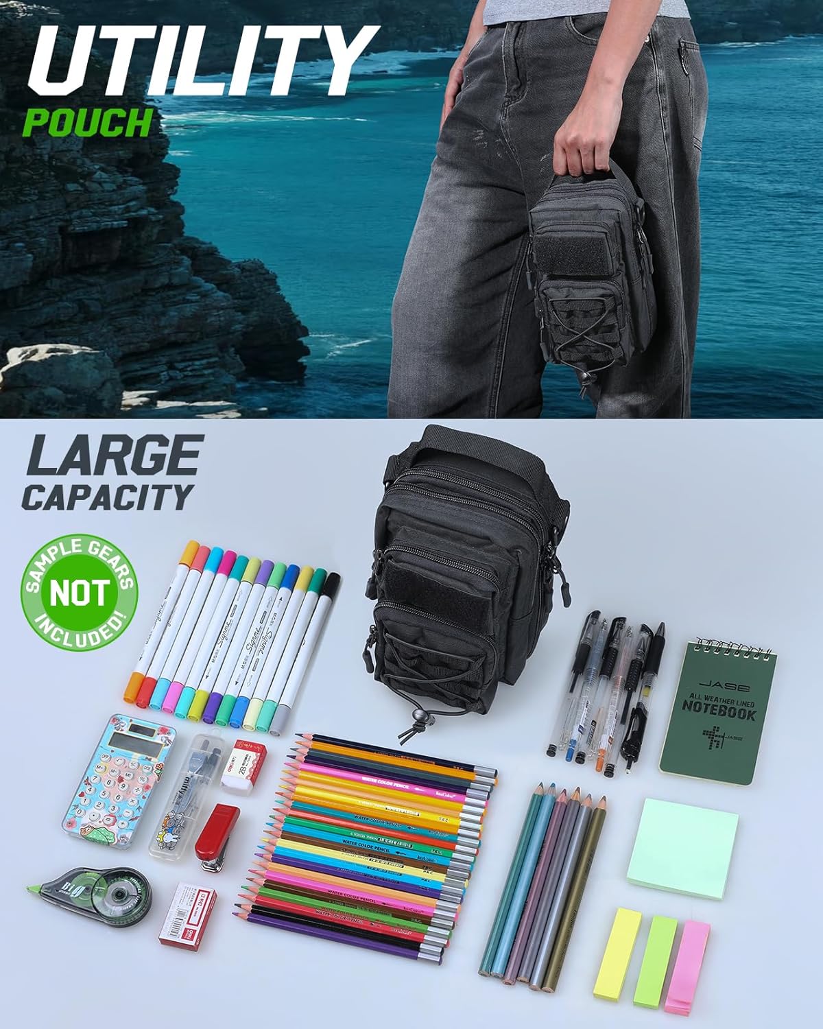 RXW Large Capacity Pencil Pouch for Boys, Tactical EDC Zippered Pencil Bag, Small Tool Pouch for Adults (includes US Flag Patch + 2 MOLLE Straps) (Black)