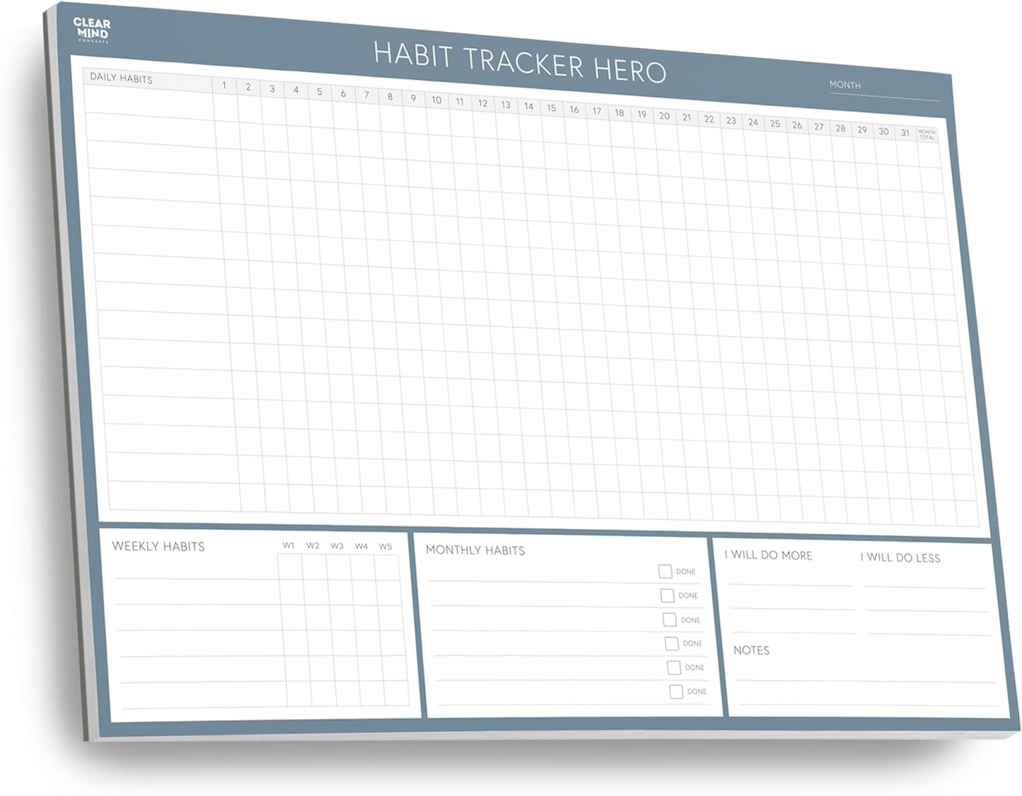 Habit Tracker Hero Desk Pad by Clear Mind Concepts® – 24 Monthly Undated Tear-Off Sheets - 160gsm Thick Paper - Includes Daily & Weekly Sections - A4 Size (Grey Blue, A4 Landscape)