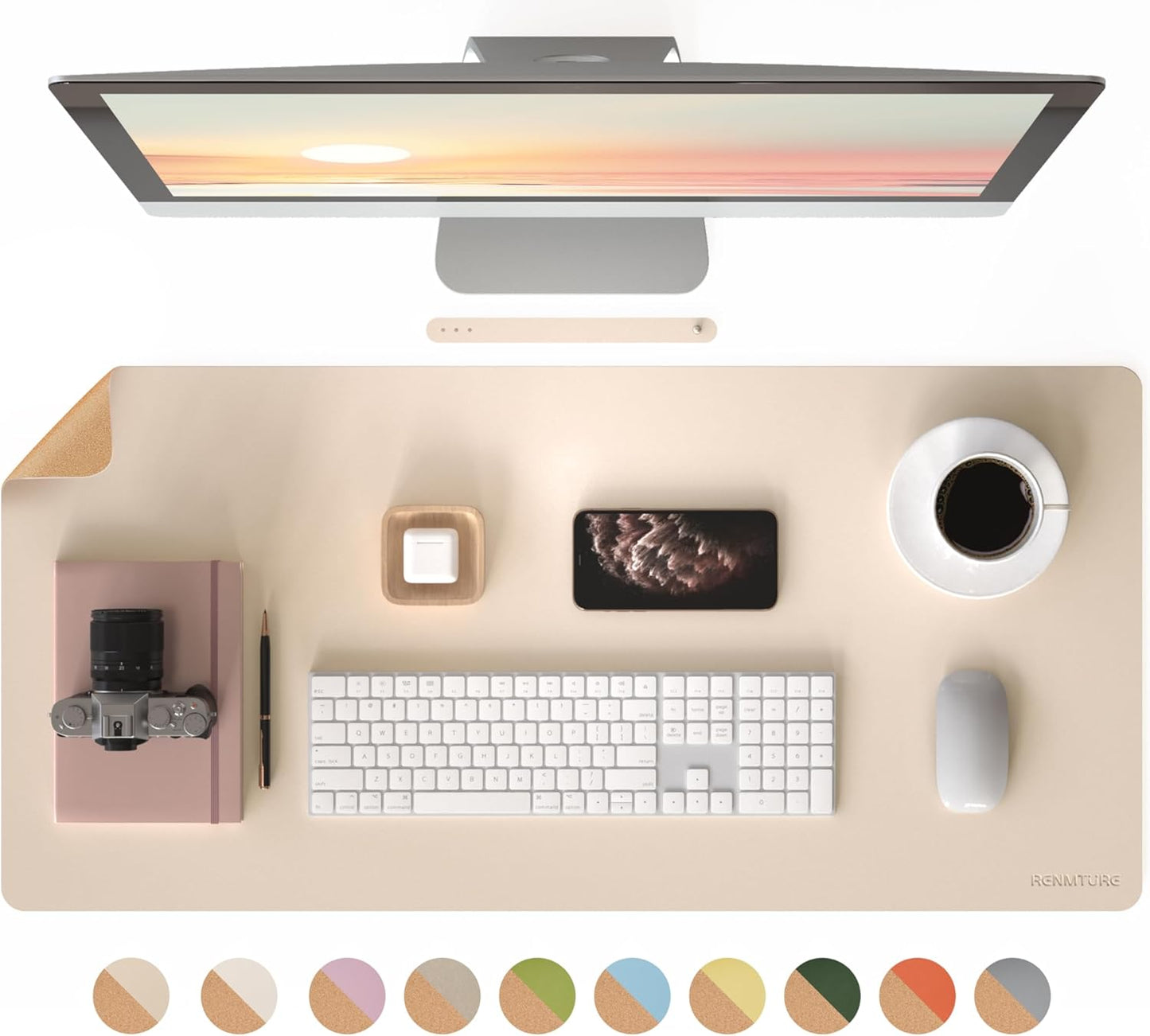 RENMTURE Desk Pad, Cork & PU Leather Desk Mat, Large Mouse pad, Non-Slip Desk Protector and Blotter, Waterproof Writing Pad, Desk Accessories and Organizers for Home Office (Light Yellow, 32"x16")