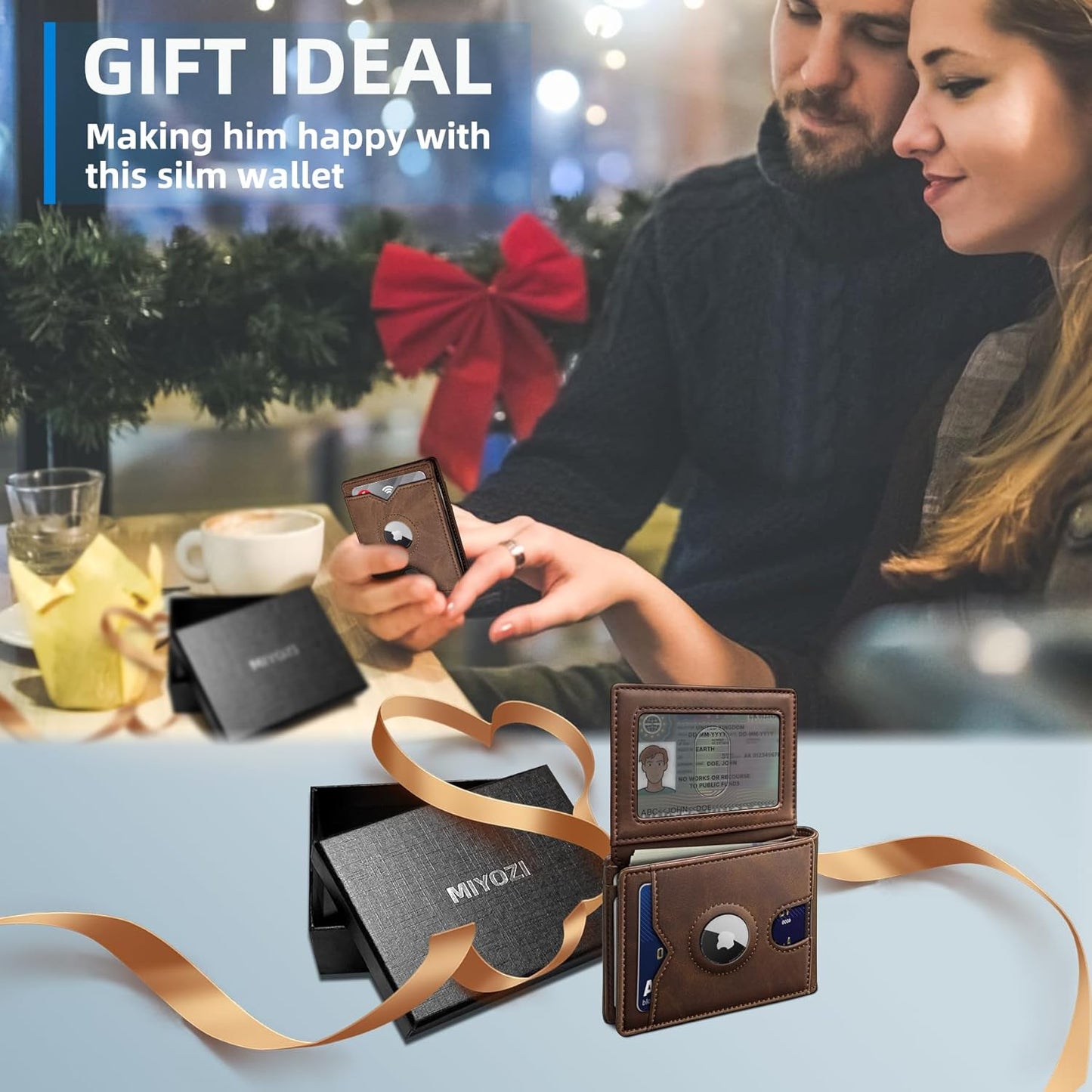 miyozi AirTag Wallet for Men, Slim Leather Bifold with Holder Slot, 2 ID Windows & 13 Card Slots, RFID Blocking Front Pocket Wallet with Gift Box