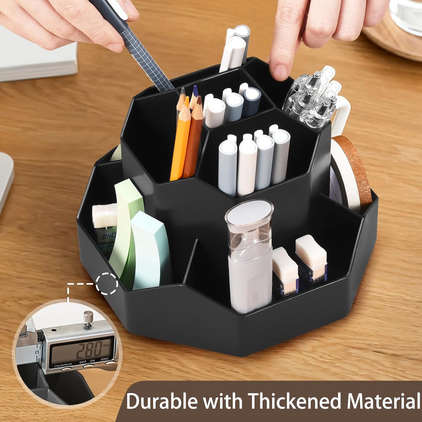 Rotating Desk Organizer, 360° Rotating Pencil Pen Holder for Desk, Desk Organizers and Accessories with 11 Slots Pencil Organizer, Art Supply Storage Box Caddy for Office (Beige)
