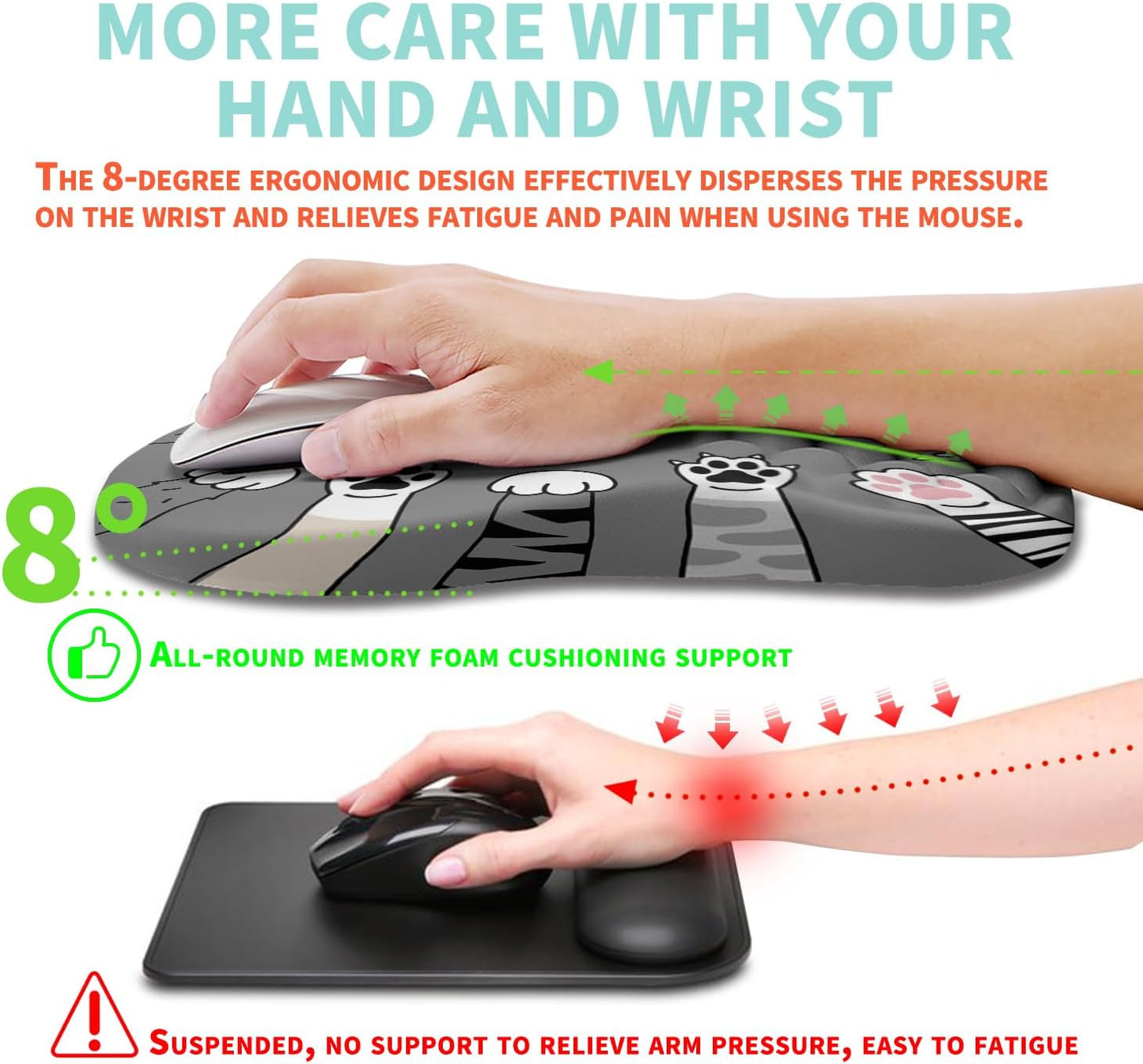 Ergonomic Mouse Pad Wrist Support with Memory Foam Massage Bulge, Carpal Tunnel Pain Relief Mousepad Wrist Rest for Mouse(12x8 inch, Silver Gray Light Purple)