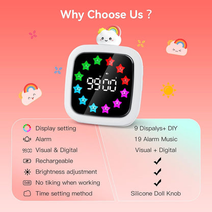 Yunbaoit Digital Visual Timer for Kids, Rechargeable 99-Minute Silent Countdown Timer with 19 Ringtones, 9 Optional DIY Color Star Display, Time Management Tool with Pause Function (Rainbow)