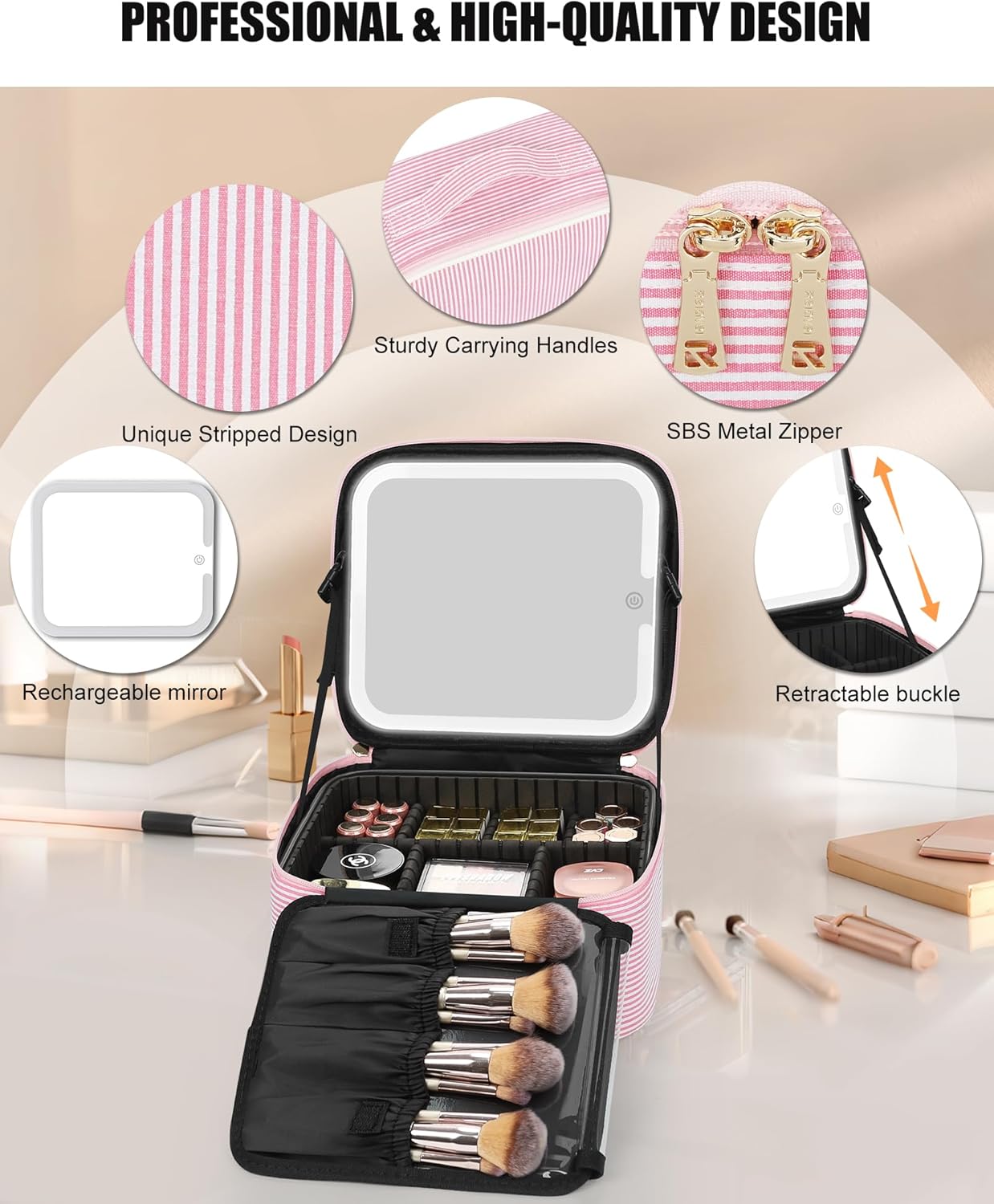 Relavel Travel Makeup Bag With LED Mirror, Cosmetic Train Case with Light up Mirror, Portable Makeup Artist Organizer Bag with Adjustable Dividers, Makeup Brush Holder Storage, Black