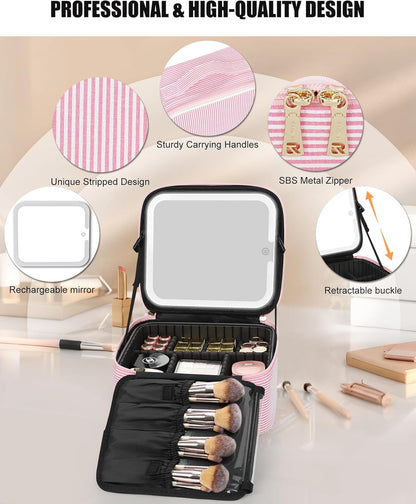 Relavel Travel Makeup Bag With LED Mirror, Cosmetic Train Case with Light up Mirror, Portable Makeup Artist Organizer Bag with Adjustable Dividers, Makeup Brush Holder Storage, Black