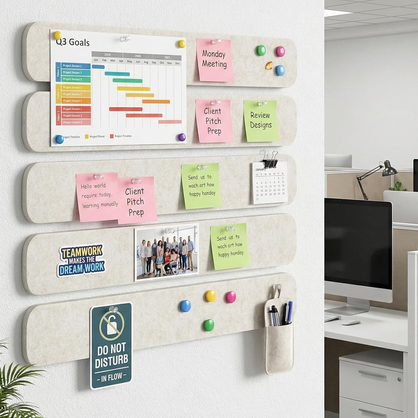 Thboxes 5 Pack Felt Bulletin Board Strips, 13x2 Inch Self Adhesive Felt Pin Boards with 30 Pushpins, Cork Board for Walls Home Office Decor(Black)