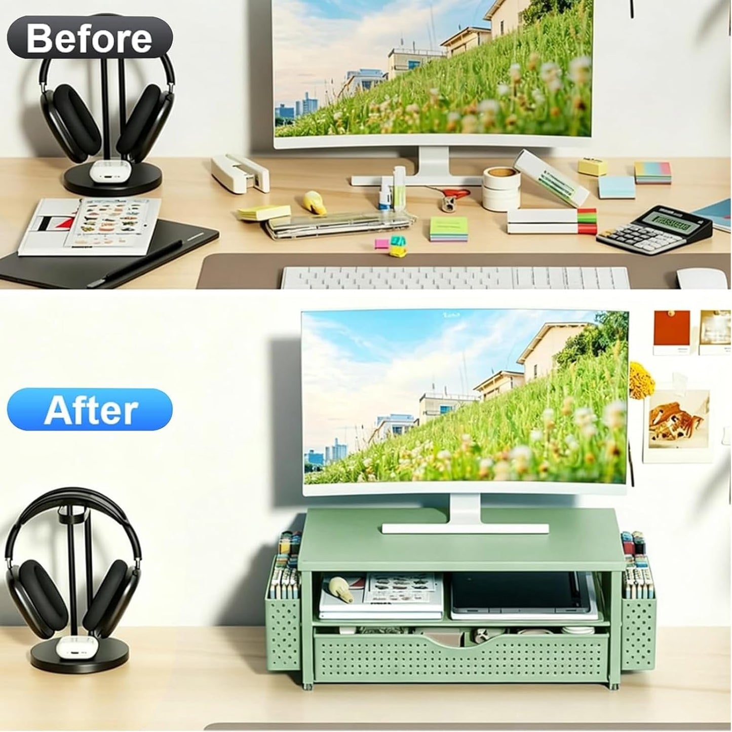 Spacrea Desk Organizer and Accessories, Computer Monitor Stand Riser with Drawer and 2 Pen Holders, Office Desk Accessories & Workspace Organizers for Office Supplies (Wood)