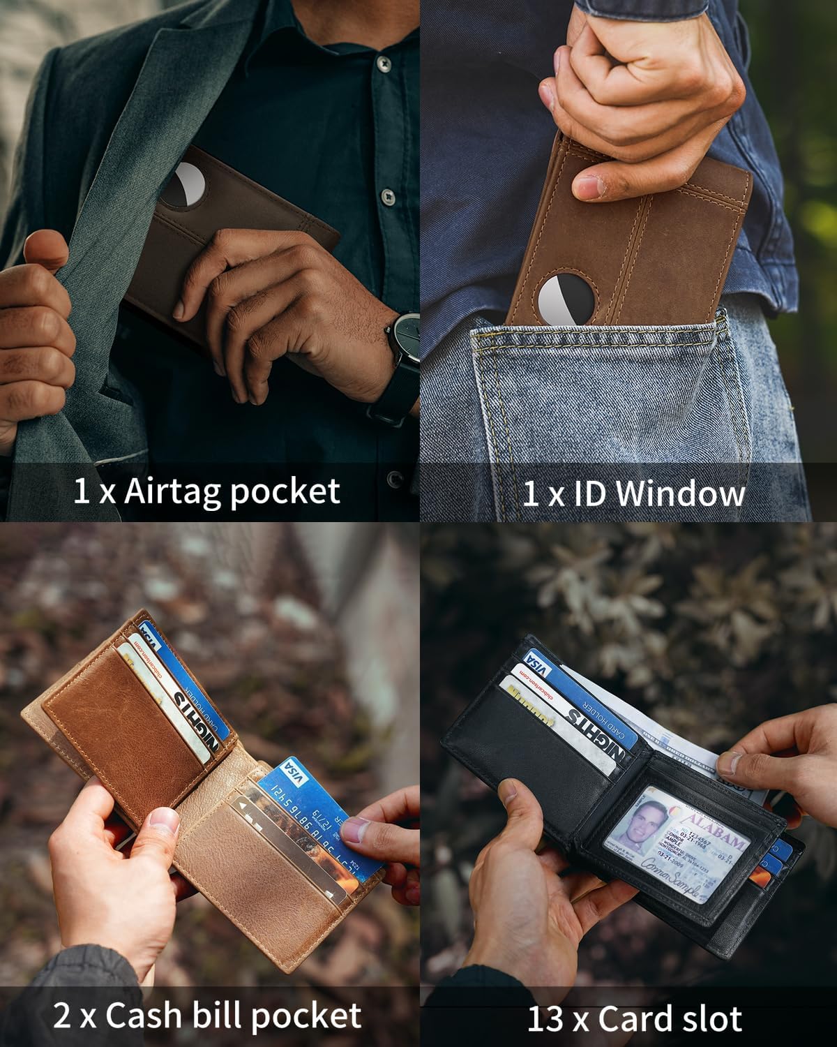Mens Wallet With AirTag Holder, Bifold Leather RFID Blocking 1-2 ID Windows 12-13 Card Holders, Gift Box and Screen Protector Included, AirTag Not Included