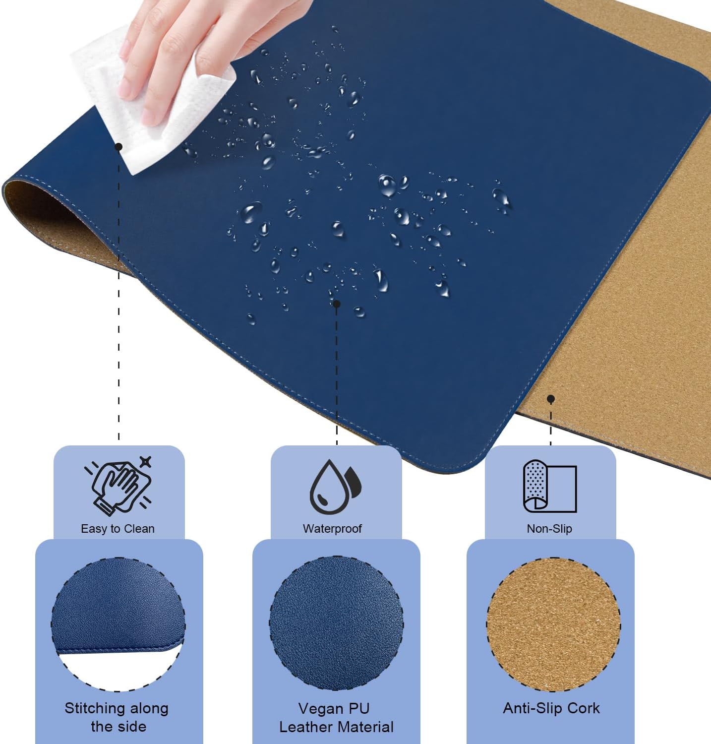 Non Slip Desk Mat, 31.5" x 15.7" PU Leather Desk Pad, Cork Desk Mat for Desktop, Desk Pad for Keyboard and Mouse, Ideal for Office and Home, Black