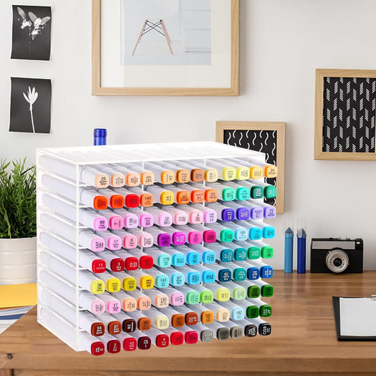 Acrylic Marker Organizer for 108 Markers, Large Capacity Alcohol Marker Storage Rack for Desk, Horizontal Pens Pencils Holder Art Organizer with 27 Compartments for Classroom Office