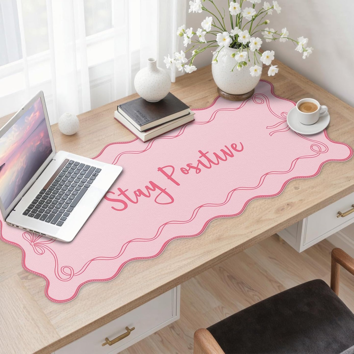iCasso Pink Leather Desk Mat,Extra Large Scalloped Mouse Pad for Desktop,Waterproof PU Nail Table Mat,Cute Keyboard Mats for Women Girl,Non-Slip Desk Cover Mat for Office Home Dorm