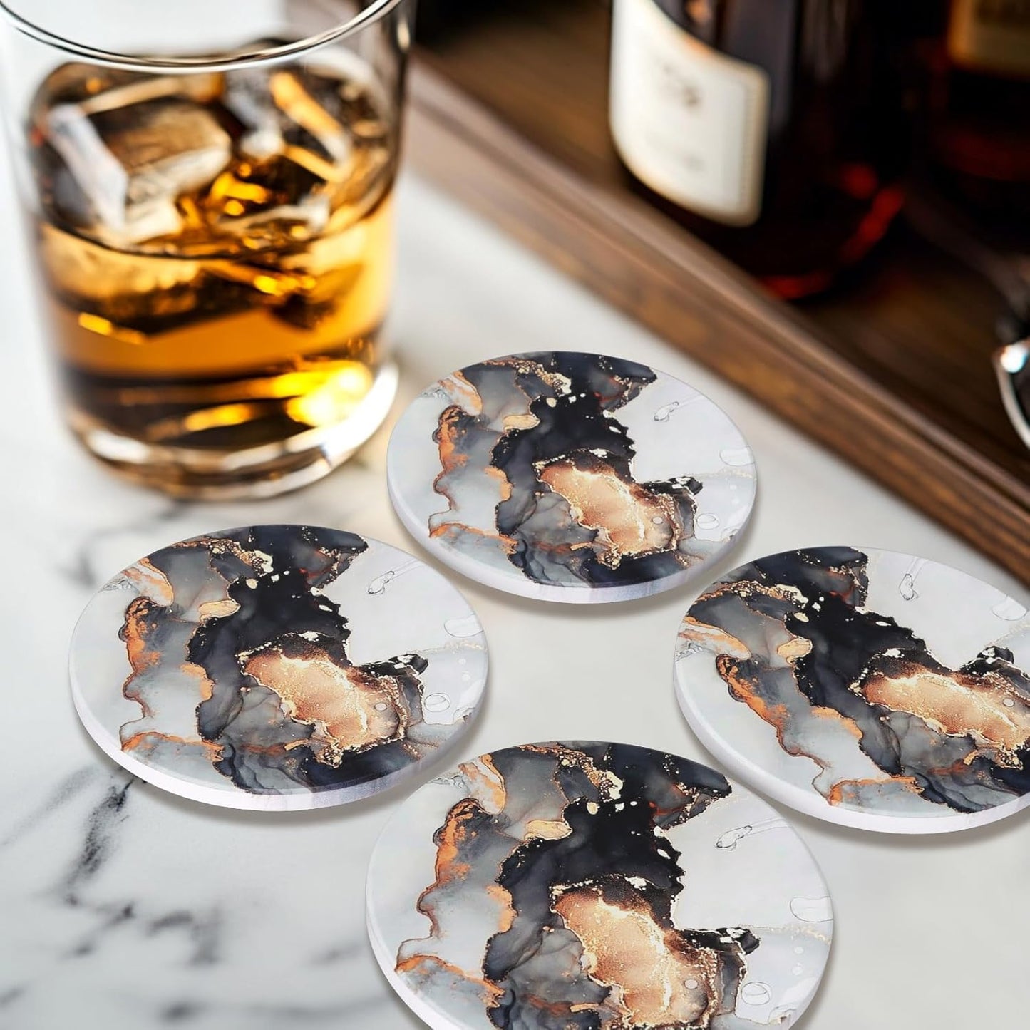 Coasters Set of 6, Navy Blue Marble Abstract Round Ceramic Coasters with Holder, Best Absorbent Drink Coaster Set, Coffee Table Decor for Home Decor House Warming Gifts New Home