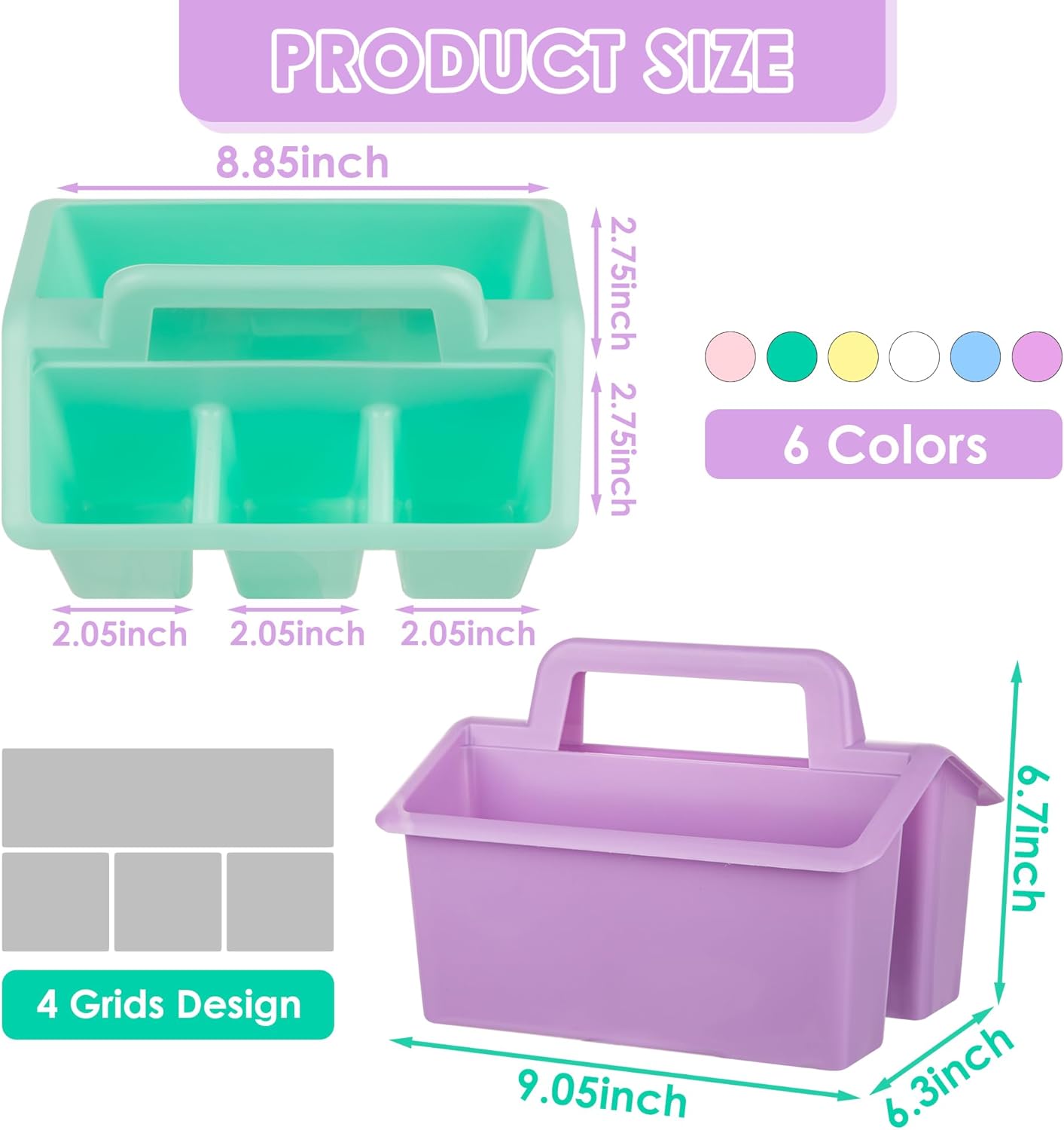 Plastic Caddy With Handle,Protable Classroom Craft Caddy, 6-pack Storage Caddy For Pencil,Pen,Craft Tools (Clear)