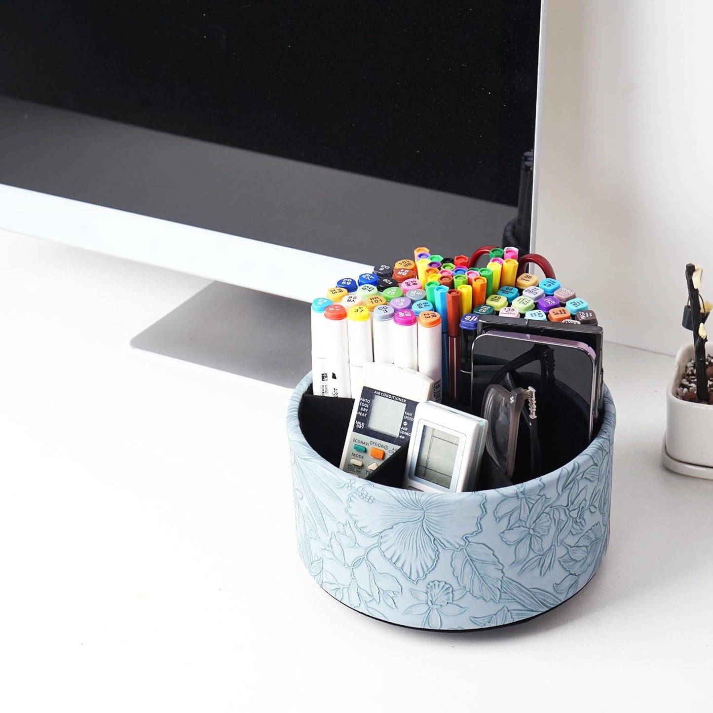 Round Leather Art Supply Organizer,Remote Control Holder,360 Degree Rotating,Multi-Functional Pencil Holder,4 Compartments Desktop Stationary Organizer(1-Fractal Flower) | Round - Colors B