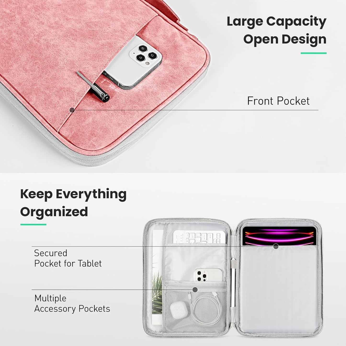 DTTO 9-11 Inch Tablet Sleeve Bag for iPad A16, iPad Air 11-inch M3 M2 / Air 5/4th Gen 10.9", iPad Pro 11 M4, iPad 10/9/8/7th Gen, Galaxy Tab A9+, Waterproof Travel Bag, Pink