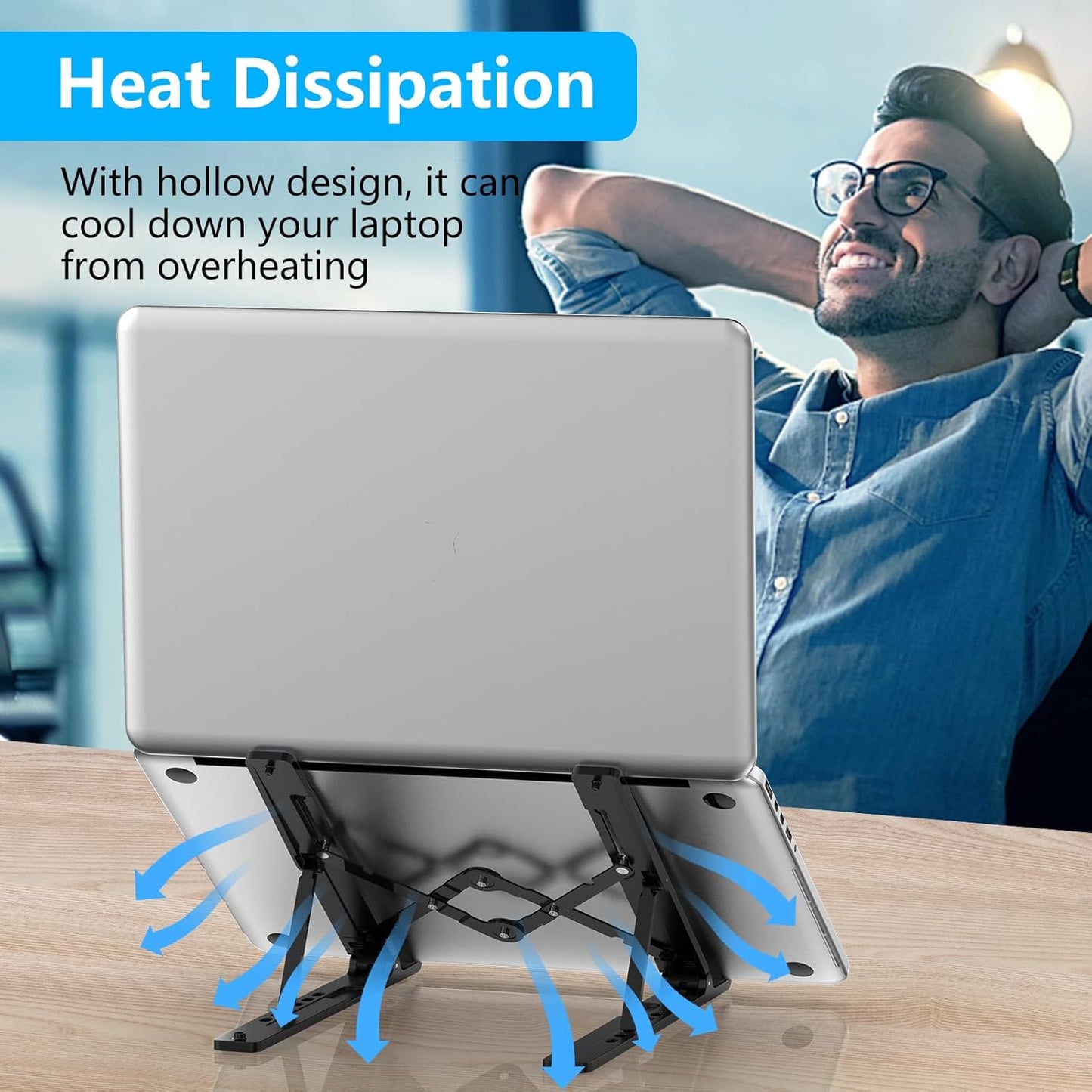 Adjustable Laptop Stand, Portable Laptop Riser for Desk, ABS+Silicone Foldable Ventilated Cooling Notebook Holder Stand for 10-15.6” Laptops, Tablets