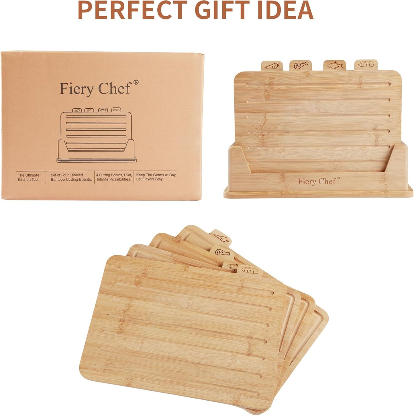 Fiery Chef 14.56"L x 11"W Bamboo Cutting Board Set of 4 - Wood Cutting Board Set with Holder, Chopping Boards Set with Food Icons, Juice Groove - Ideal for Meat, Fish, Bread, Vegetable, Fruit Chopping
