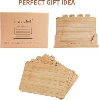Fiery Chef 14.56"L x 11"W Bamboo Cutting Board Set of 4 - Wood Cutting Board Set with Holder, Chopping Boards Set with Food Icons, Juice Groove - Ideal for Meat, Fish, Bread, Vegetable, Fruit Chopping