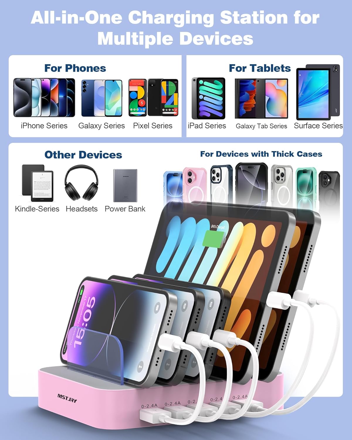 MSTJRY Charging Station for Multiple Devices : 5 Port Multi USB-A Charger Stations Multi-Device Organizer Charging Dock Designed for iPhone iPad Cell Phone Tablets (7 Short Cables Included)