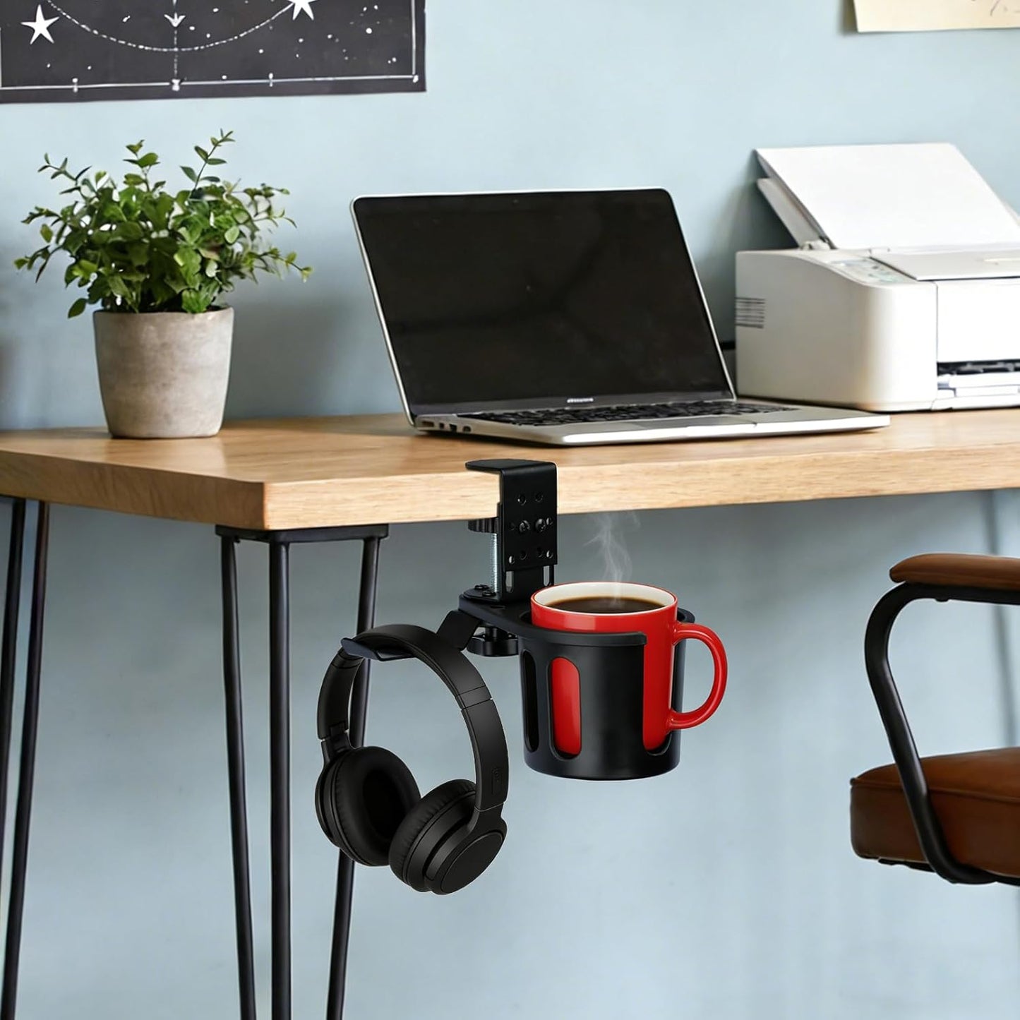 MYITYARD Desk Cup Holder Clamp, Anti-Spill Clip On Table Cup Holder, Rotatable Water Bottle Stand Drink Coffee Mug Storage, Office Accessories for Home and School (Black)