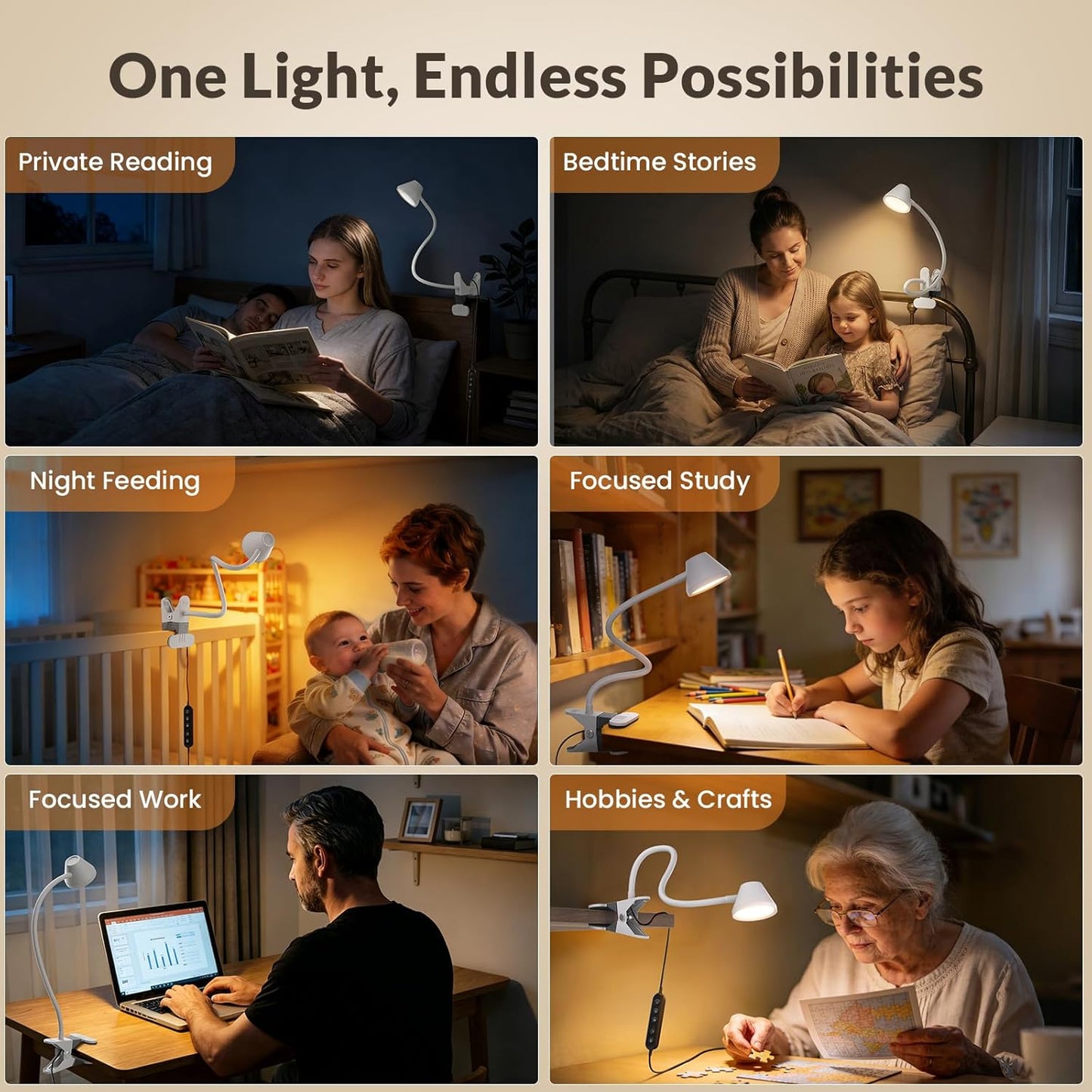 LEPOWER Clip on Light, 7W Reading Lights for Books in Bed with 5 Colors & Stepless Dimming, RG0 Eye-Care, Amber Glow Light & Auto Timer, Strong Clamp with Adapter for Headboard, Bedside, Desk, Black